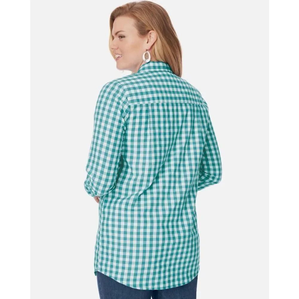 Maurices Turquoise Blue Gingham Plaid Button Down Shirt Womens Size Medium M Lon